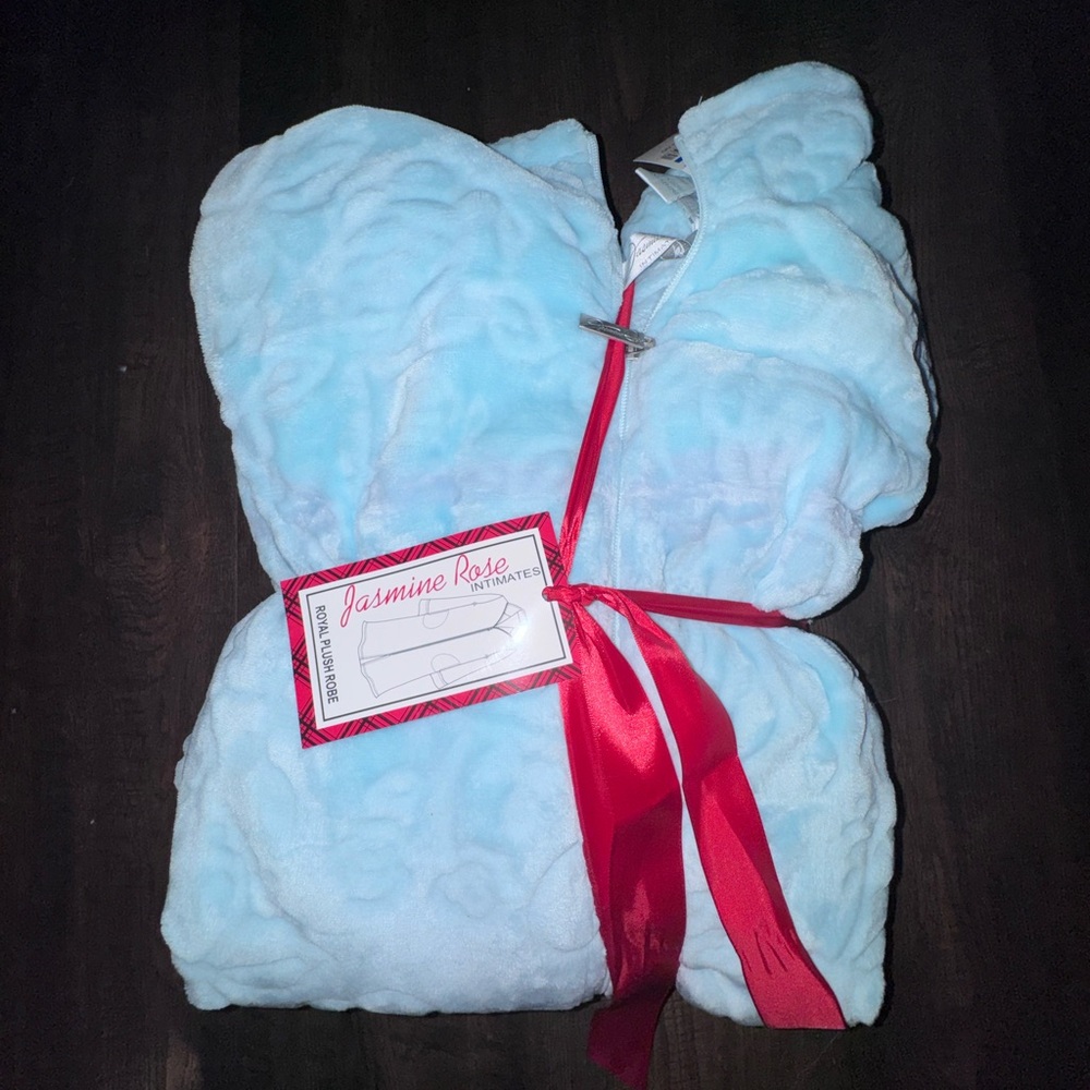 Jasmine Rose Light Blue Plush Bath Zip-Up Robe with Red Ribbon